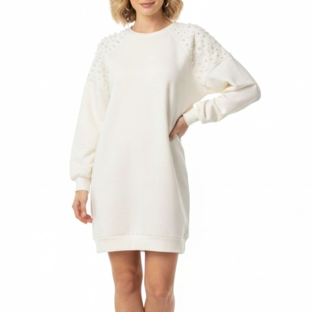 NWT Express Womens Small Pearl Embellished Sweatshirt Cream Dress